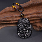 Fortune Jewel Black Obsidian Dragon Carved Luck Protection Necklace Pendant
