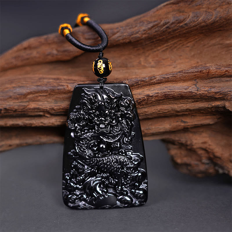 Fortune Jewel Black Obsidian Dragon Carved Luck Protection Necklace Pendant