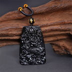 Fortune Jewel Black Obsidian Dragon Carved Luck Protection Necklace Pendant