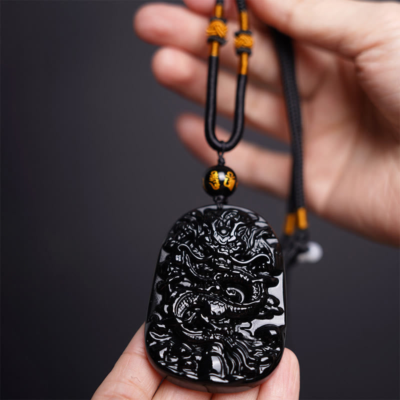 Fortune Jewel Black Obsidian Dragon Carved Luck Protection Necklace Pendant