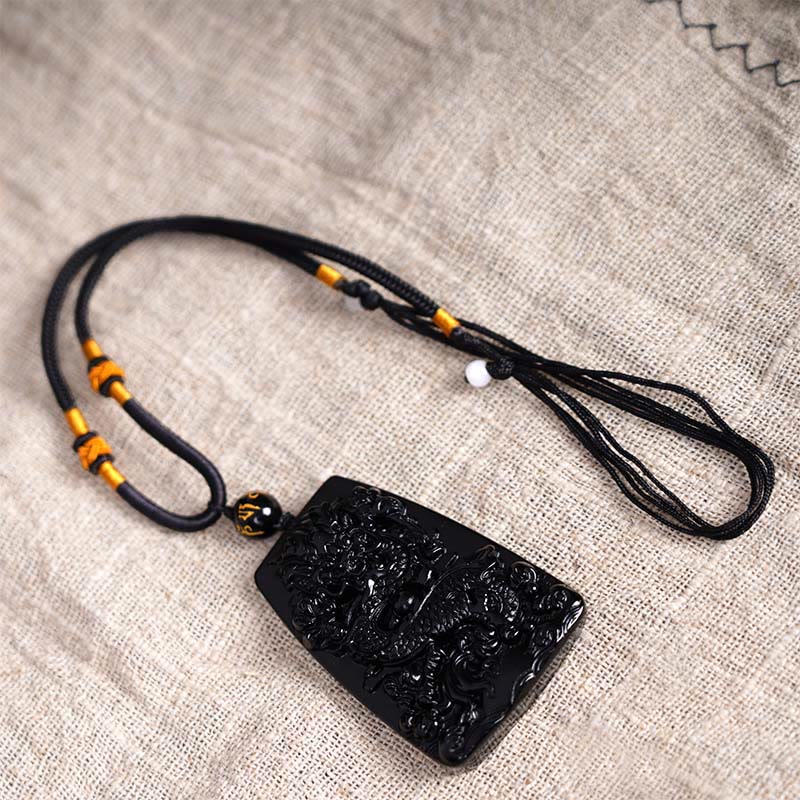 Fortune Jewel Black Obsidian Dragon Carved Luck Protection Necklace Pendant