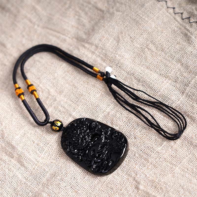 Fortune Jewel Black Obsidian Dragon Carved Luck Protection Necklace Pendant