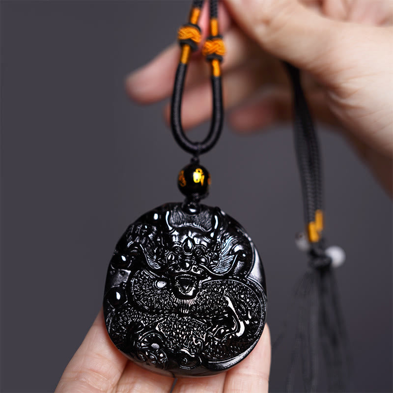 Fortune Jewel Natural Black Obsidian Round Dragon Carved Protection Necklace Pendant