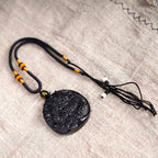 Fortune Jewel Natural Black Obsidian Round Dragon Carved Protection Necklace Pendant