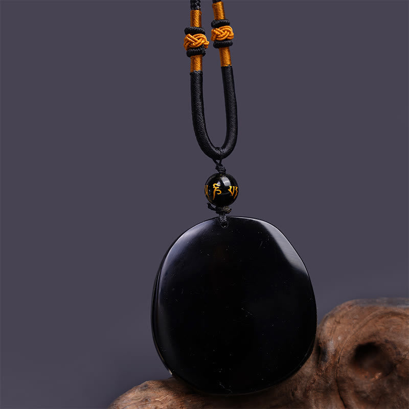 Fortune Jewel Natural Black Obsidian Round Dragon Carved Protection Necklace Pendant