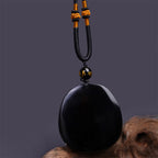Fortune Jewel Natural Black Obsidian Round Dragon Carved Protection Necklace Pendant