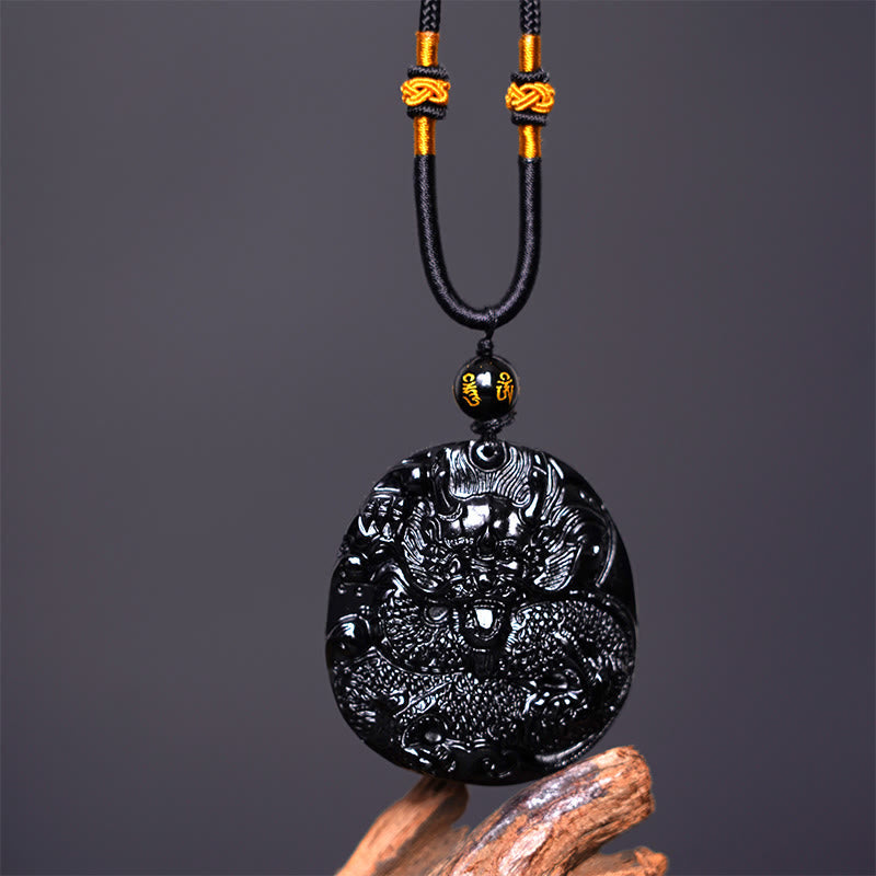 Fortune Jewel Natural Black Obsidian Round Dragon Carved Protection Necklace Pendant