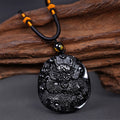 Fortune Jewel Natural Black Obsidian Round Dragon Carved Protection Necklace Pendant