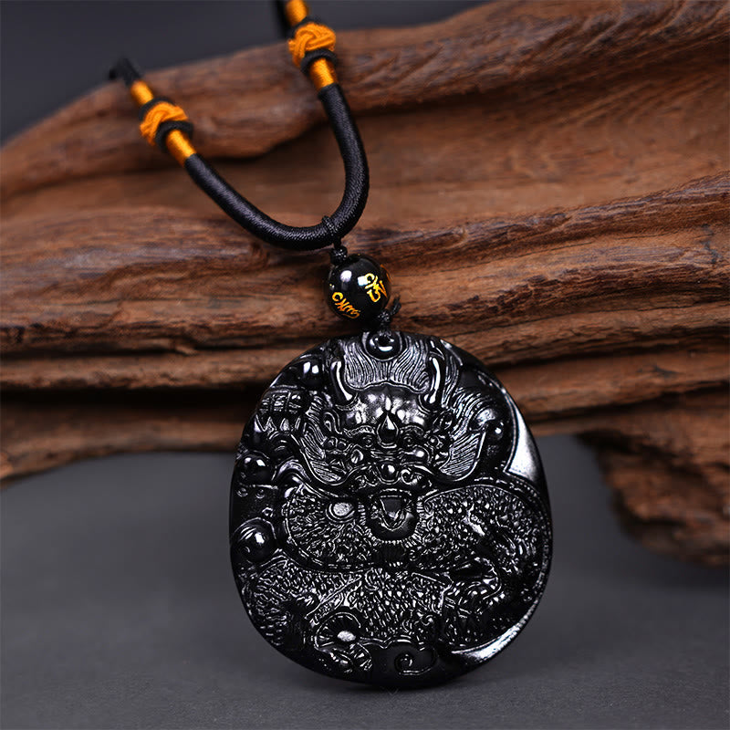 Fortune Jewel Natural Black Obsidian Round Dragon Carved Protection Necklace Pendant