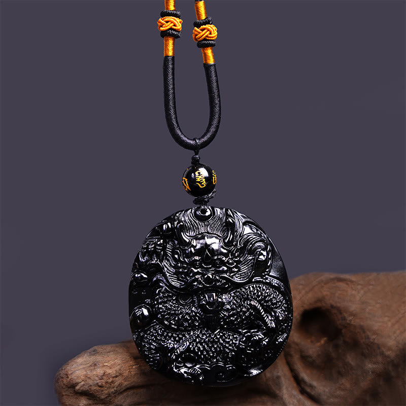 Fortune Jewel Natural Black Obsidian Round Dragon Carved Protection Necklace Pendant