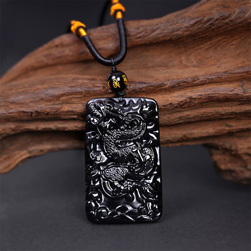 Fortune Jewel Natural Black Obsidian Rectangular Dragon Engraved Success Necklace Pendant