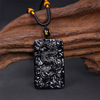 Fortune Jewel Natural Black Obsidian Rectangular Dragon Engraved Success Necklace Pendant