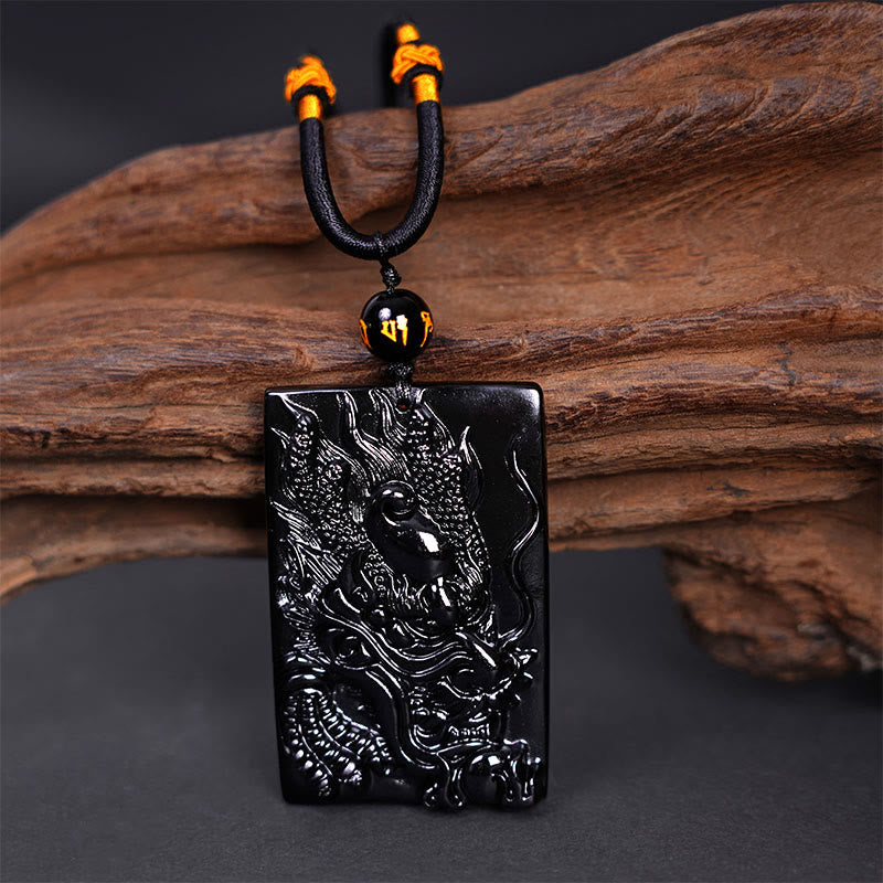 Fortune Jewel Natural Black Obsidian Rectangular Dragon Engraved Success Necklace Pendant