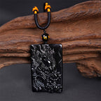 Fortune Jewel Natural Black Obsidian Rectangular Dragon Engraved Success Necklace Pendant
