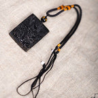 Fortune Jewel Natural Black Obsidian Rectangular Dragon Engraved Success Necklace Pendant