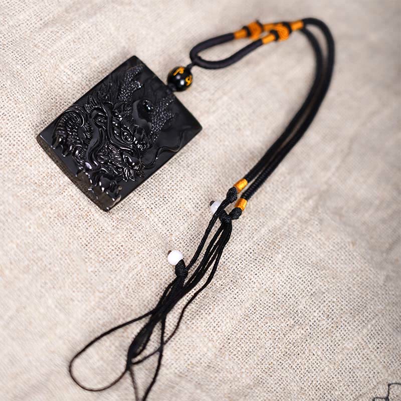 Fortune Jewel Natural Black Obsidian Rectangular Dragon Engraved Success Necklace Pendant