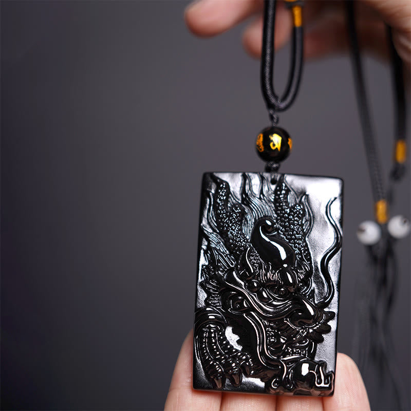 Fortune Jewel Natural Black Obsidian Rectangular Dragon Engraved Success Necklace Pendant