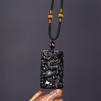 Fortune Jewel Natural Black Obsidian Rectangular Dragon Engraved Success Necklace Pendant