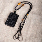 Fortune Jewel Natural Black Obsidian Rectangular Dragon Engraved Success Necklace Pendant