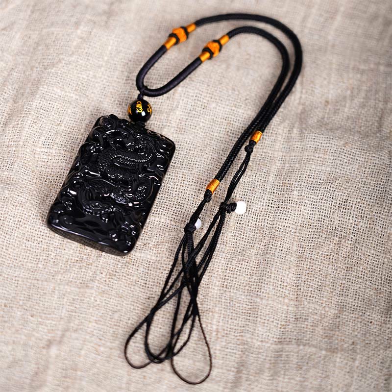 Fortune Jewel Natural Black Obsidian Rectangular Dragon Engraved Success Necklace Pendant