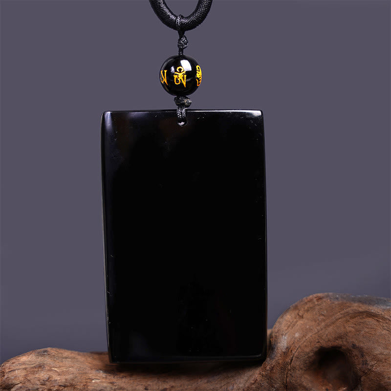 Fortune Jewel Natural Black Obsidian Rectangular Dragon Engraved Success Necklace Pendant