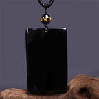 Fortune Jewel Natural Black Obsidian Rectangular Dragon Engraved Success Necklace Pendant