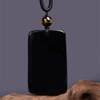 Fortune Jewel Natural Black Obsidian Rectangular Dragon Engraved Success Necklace Pendant