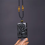 Fortune Jewel Natural Black Obsidian Rectangular Dragon Engraved Success Necklace Pendant