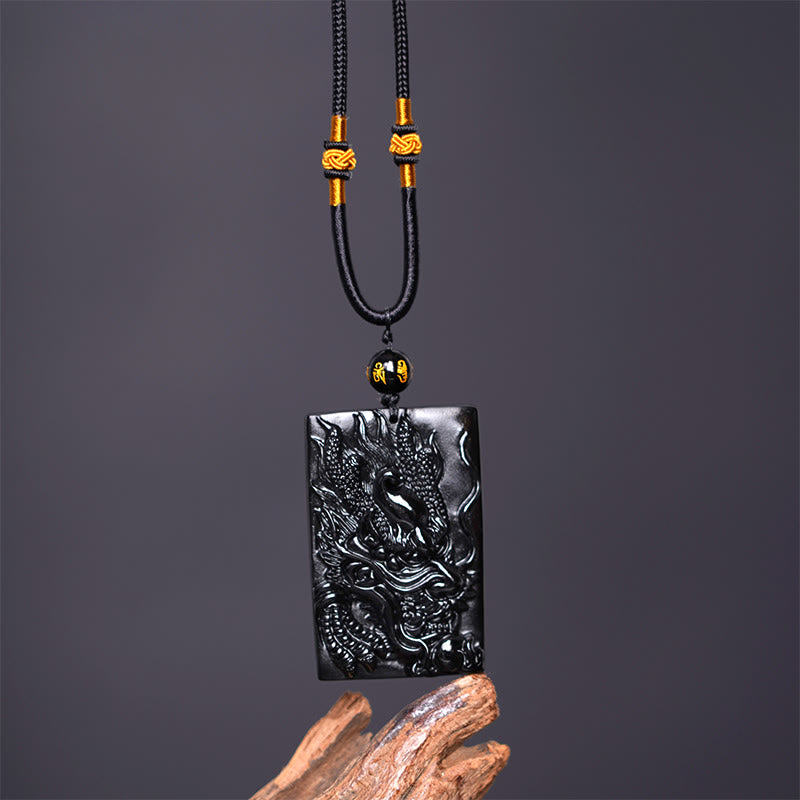 Fortune Jewel Natural Black Obsidian Rectangular Dragon Engraved Success Necklace Pendant