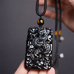 Fortune Jewel Natural Black Obsidian Rectangular Dragon Engraved Success Necklace Pendant