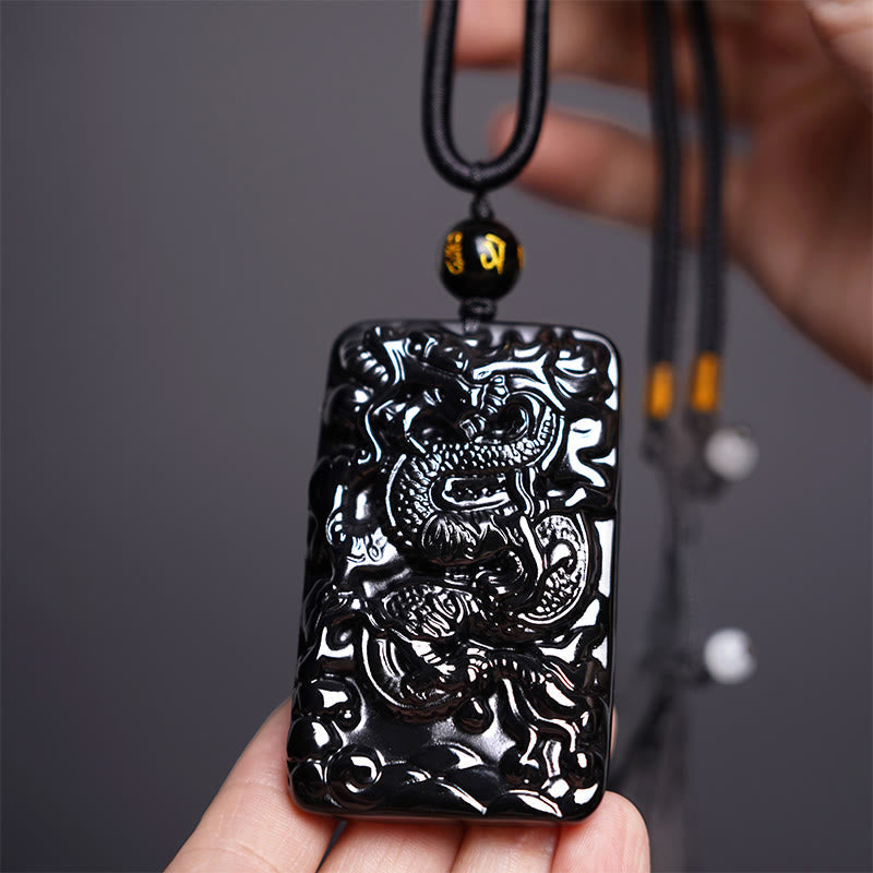Fortune Jewel Natural Black Obsidian Rectangular Dragon Engraved Success Necklace Pendant