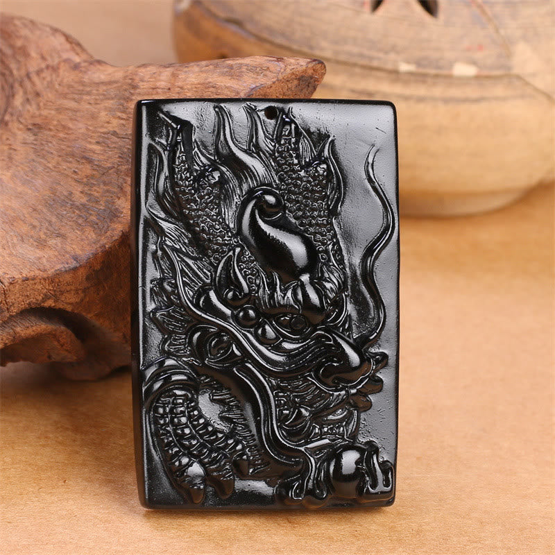 Fortune Jewel Natural Black Obsidian Rectangular Dragon Engraved Success Necklace Pendant