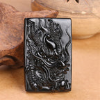 Fortune Jewel Natural Black Obsidian Rectangular Dragon Engraved Success Necklace Pendant