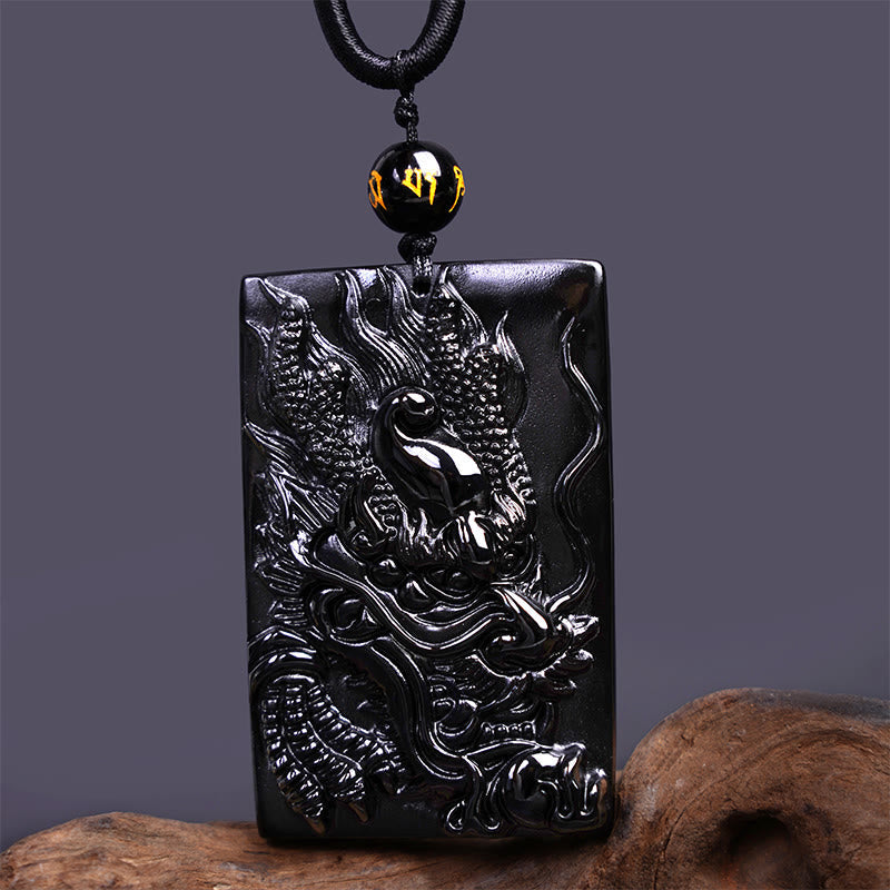 Fortune Jewel Natural Black Obsidian Rectangular Dragon Engraved Success Necklace Pendant