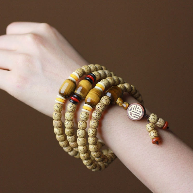 Fortune Jewel 108 Mala Beads Bodhi Seed Tiger's Eye Fu Character Peace Bracelet