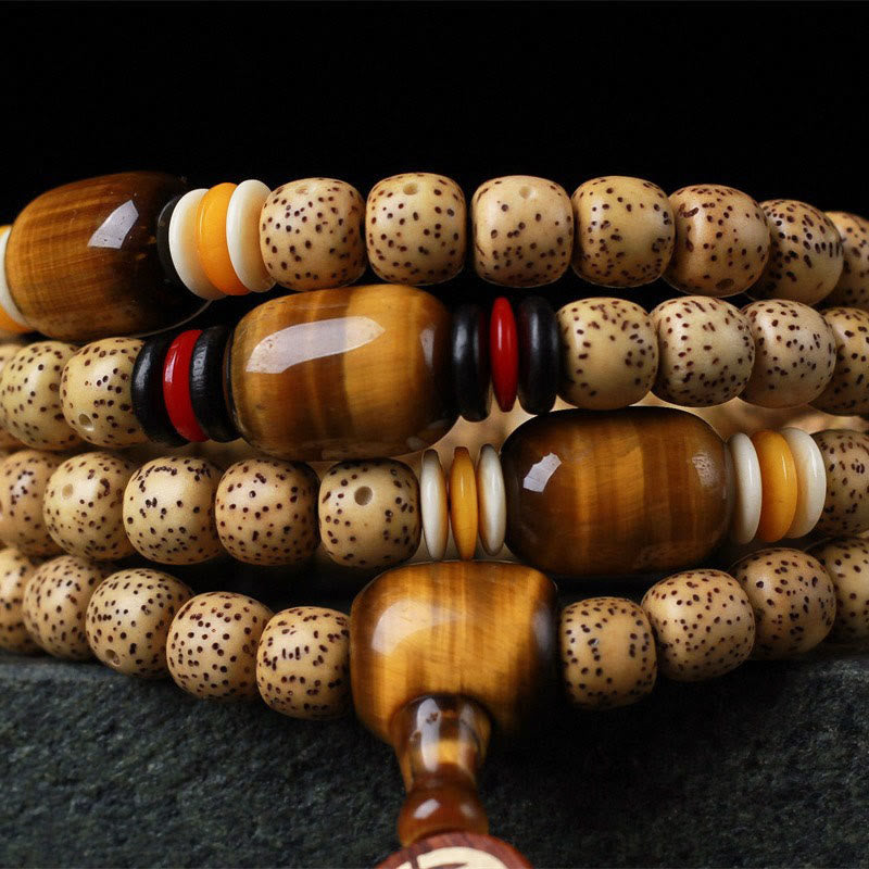 Fortune Jewel 108 Mala Beads Bodhi Seed Tiger's Eye Fu Character Peace Bracelet