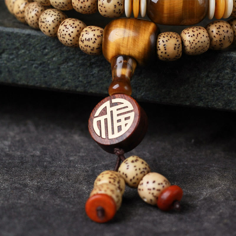 Fortune Jewel 108 Mala Beads Bodhi Seed Tiger's Eye Fu Character Peace Bracelet