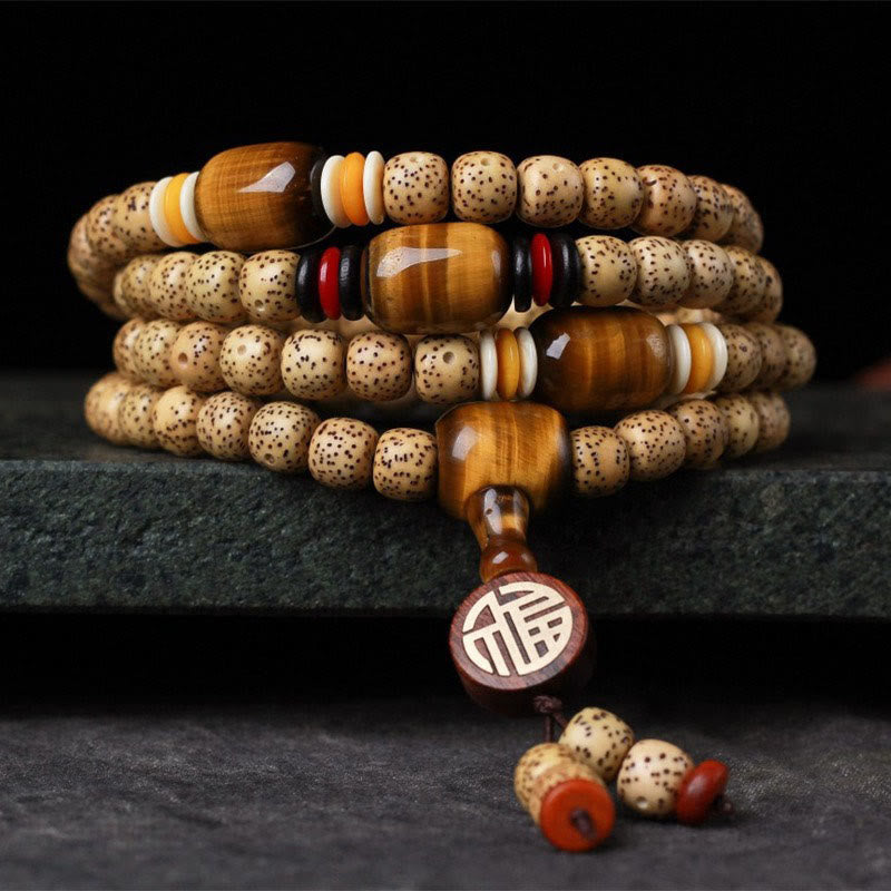 Fortune Jewel 108 Mala Beads Bodhi Seed Tiger's Eye Fu Character Peace Bracelet