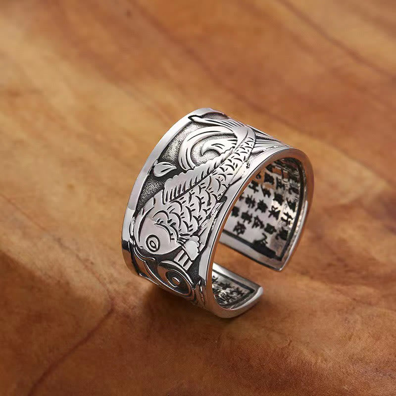Fortune Jewel Koi Fish Heart Sutra Carved Design Luck Wealth Ring