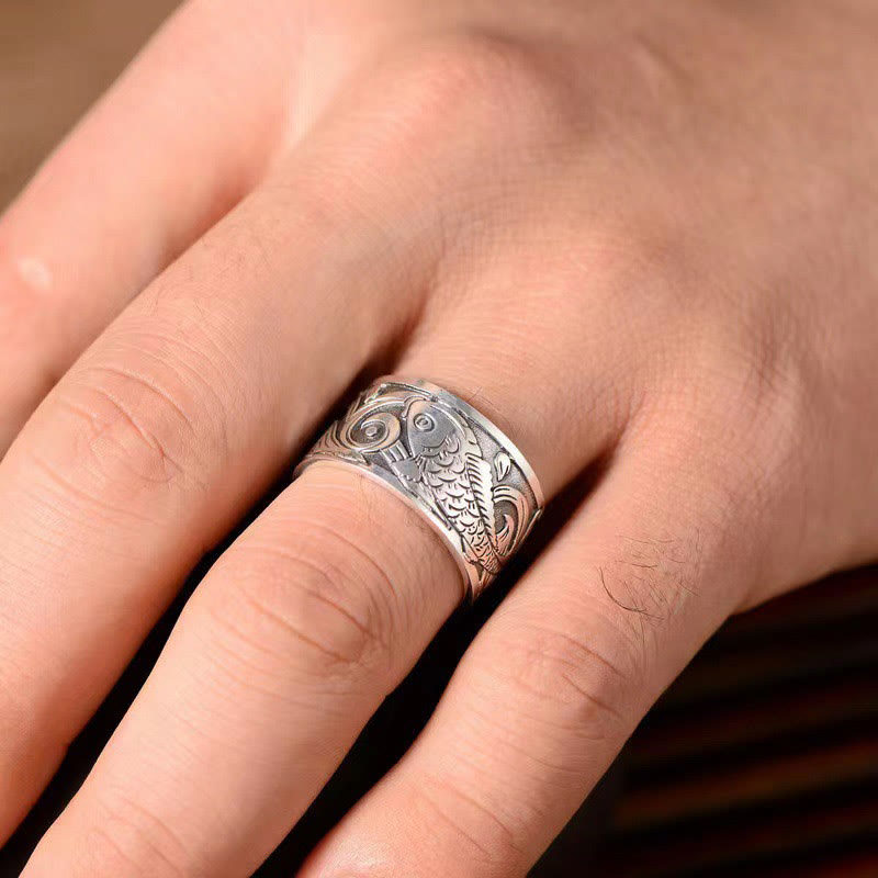 Fortune Jewel Koi Fish Heart Sutra Carved Design Luck Wealth Ring