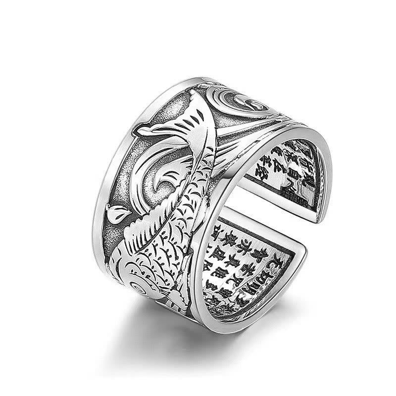 Fortune Jewel Koi Fish Heart Sutra Carved Design Luck Wealth Ring