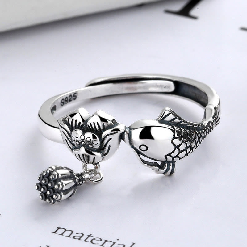 Fortune Jewel 925 Sterling Silver Koi Fish Lotus Flower Success Ring Fortune Jewel