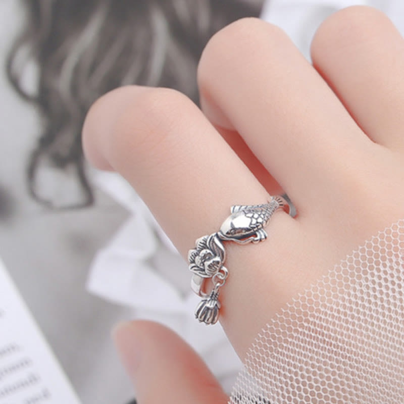 Fortune Jewel 925 Sterling Silver Koi Fish Lotus Flower Success Ring Fortune Jewel