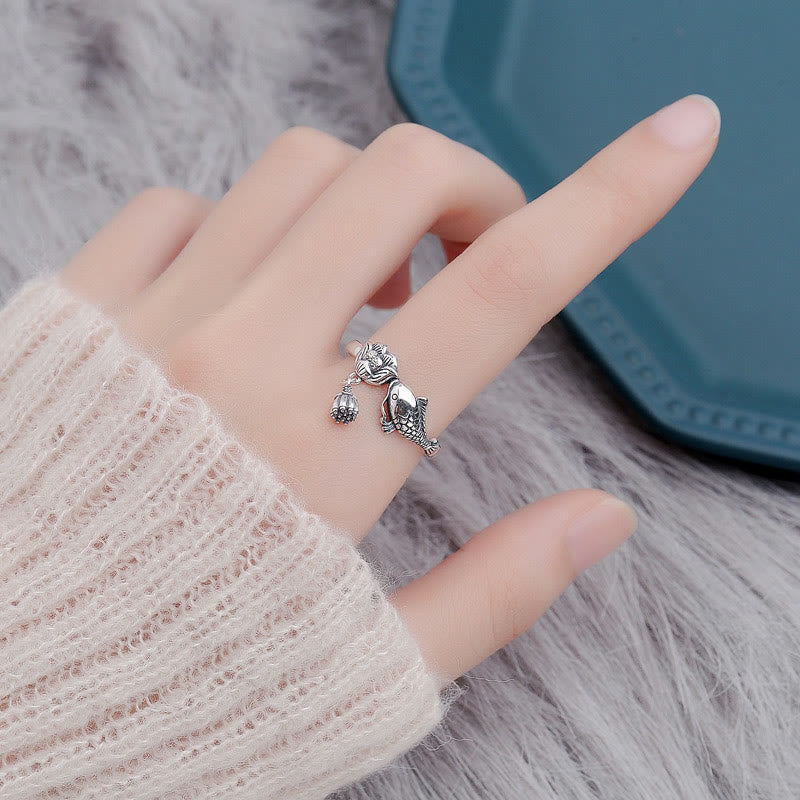Fortune Jewel 925 Sterling Silver Koi Fish Lotus Flower Success Ring Fortune Jewel