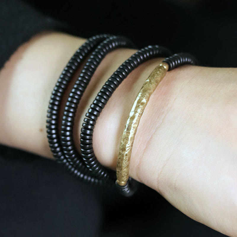Fortune Jewel Tibetan Ebony Wood Beads Copper Peace Multilayered Bracelet