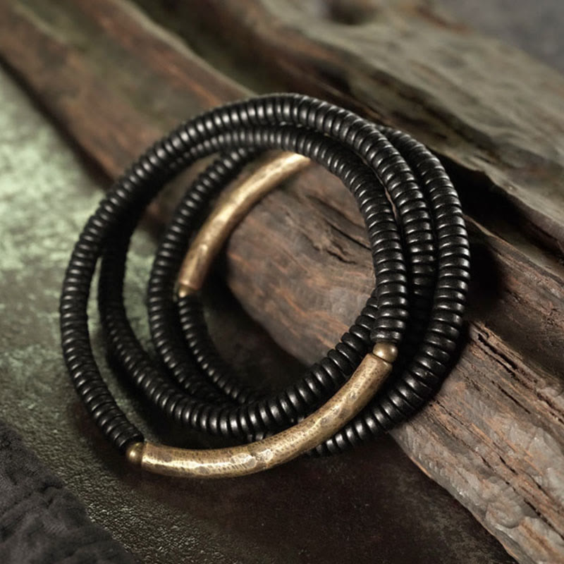 Fortune Jewel Tibetan Ebony Wood Beads Copper Peace Multilayered Bracelet