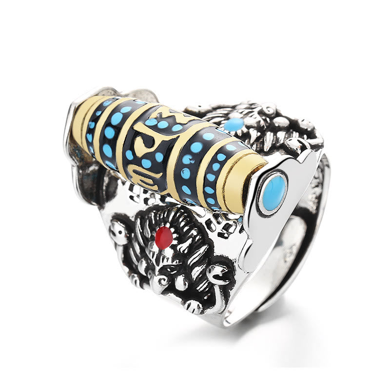 Fortune Jewel Tibetan Om Mani Padme Hum Garuda Dzi Bead Pattern Peace Rotatable Ring