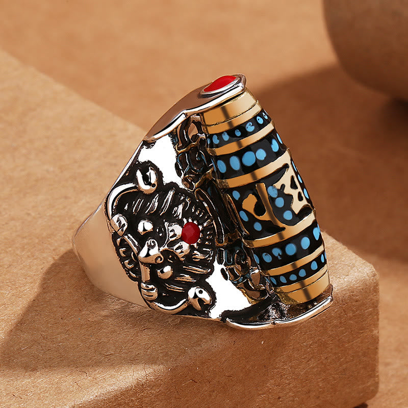 Fortune Jewel Tibetan Om Mani Padme Hum Garuda Dzi Bead Pattern Peace Rotatable Ring