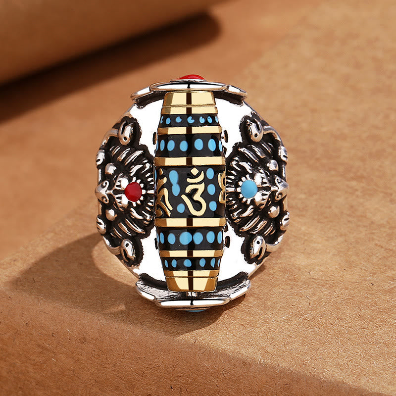 Fortune Jewel Tibetan Om Mani Padme Hum Garuda Dzi Bead Pattern Peace Rotatable Ring