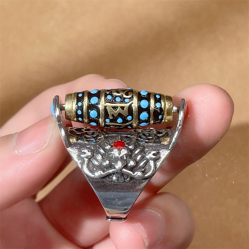 Fortune Jewel Tibetan Om Mani Padme Hum Garuda Dzi Bead Pattern Peace Rotatable Ring